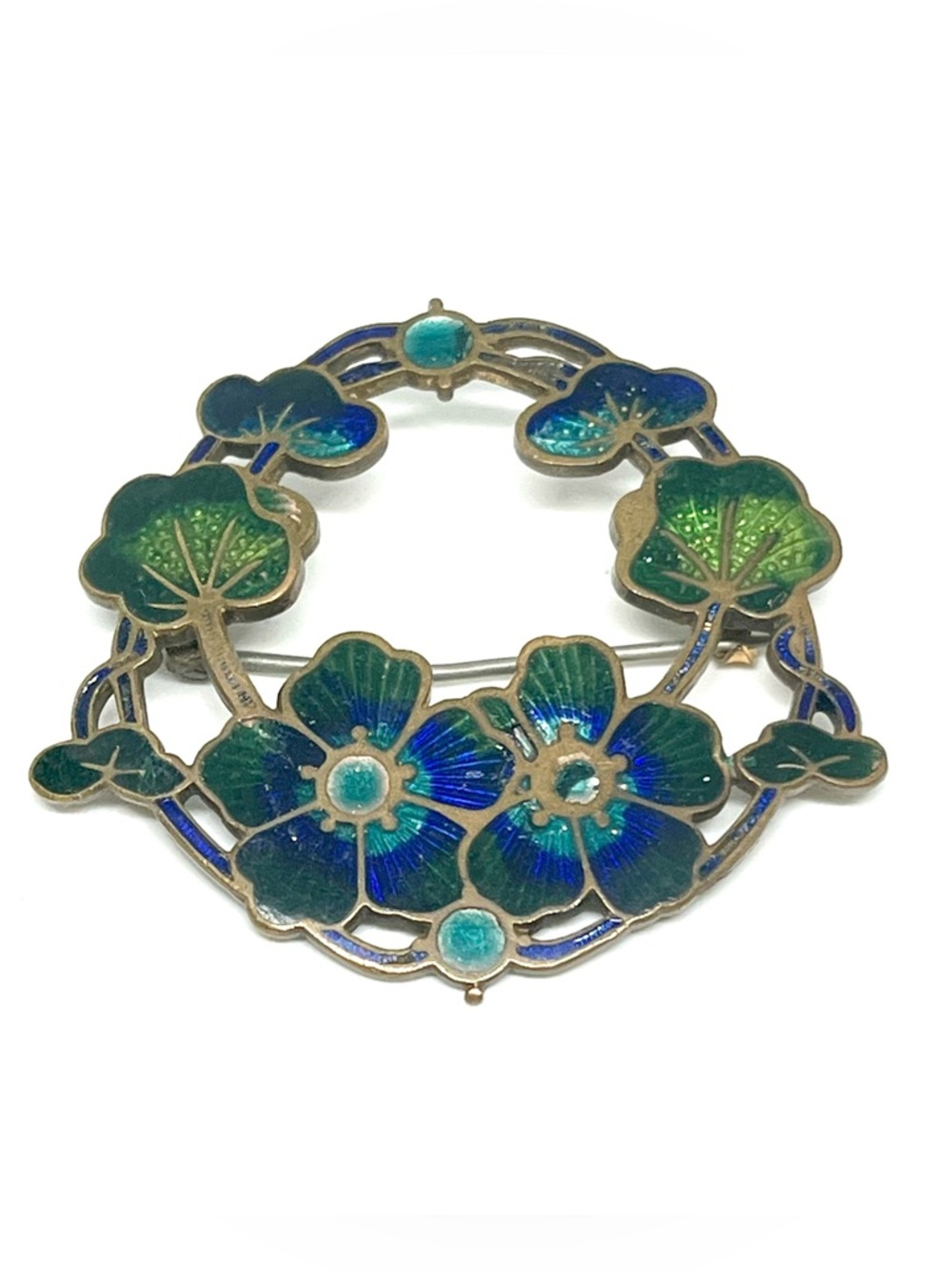 Green & Blue Enamel Floral Circle Brooch - Unbranded